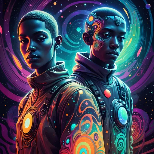 Prompt: (psychedelic art style), two people standing side by side, vibrant warm color scheme, cosmic background with twinkling stars and swirling planets, influences of celebrated artist Android Jones, inspired by comic cover artistry, bold cyberpunk elements, intricate patterns and shapes, evocative and immersive atmosphere, ultra-detailed, high quality, dynamic composition, a captivating cosmic scene that draws the viewer into the depths of space.