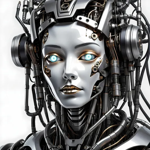 Prompt: a robot with a face made of metal parts and glowing eyes, with a black background and a white background, Android Jones, futurism, cybernetic, cyberpunk art