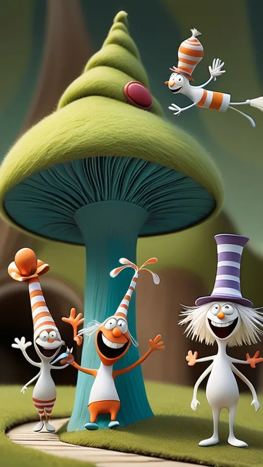 Prompt: Whimsical characters frolicking in a Seussian landscape, with quirky hats and big smiles.