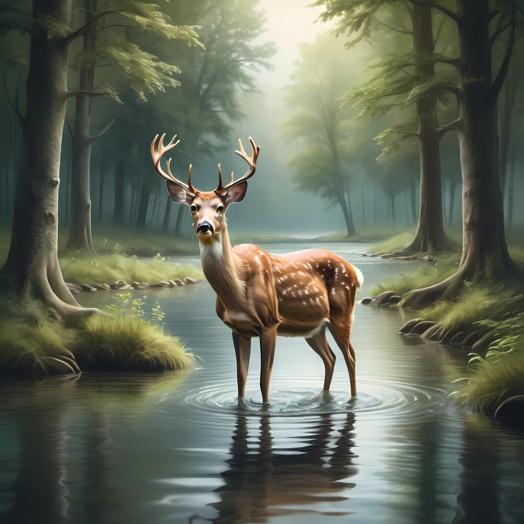 Prompt: a deer standing in a river with trees in the background, a photorealistic painting by Pamela Ascherson, Shutterstock contest winner, art photography, wildlife. atmospheric, magical forest background, deer portrait, lush wildlife, digital art animal photo, deer, deers drinking water in the lake, gentle sparkling forest stream, award winning nature photo