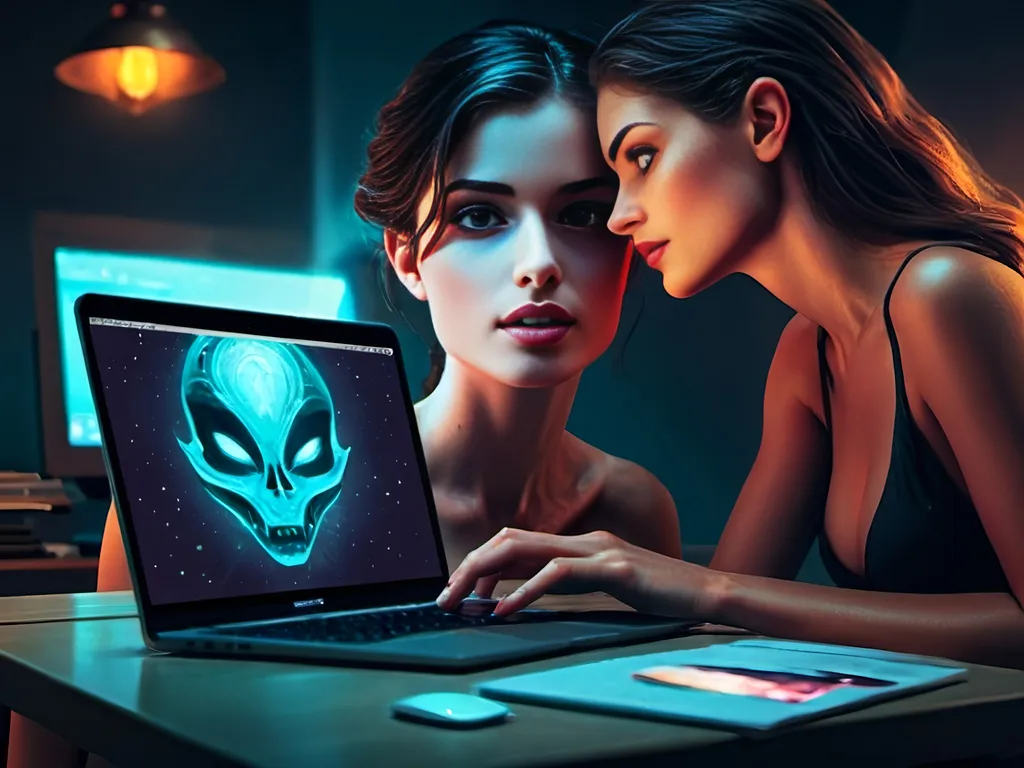 Prompt: Fantasy-style illustration, a woman using a laptop computer with a striking alien head on the glowing screen, warm hues envelop the scene, exuding mystique, ethereal ambiance, intricate details elegantly highlighted, Alena Aenami, captivating ethereal glow, computer art, ultra-detailed, imaginative visuals, affinity photo, immersive computer graphics.