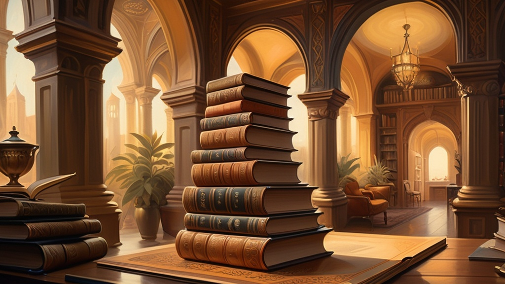 Prompt: Vintage painting of a large, intricately designed book, adorned by an elegant stack of smaller books on top, set in a cozy room with ornate arches. Warm color scheme with rich golden hues, creating an inviting atmosphere. Inspired by the artistic style of Brom, reminiscent of magic the gathering artwork. Photorealistic detailing, capturing the charm of a fantasy art world, ultra-detailed textures and enchanting ambiance.