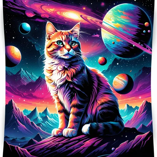 Prompt: Cat in a vast galaxy, with planets suspended in a starry sky above, majestic mountain range below. Stunning space art by Dan Mumford, vibrant colors, mesmerizing cosmic tones, ethereal atmosphere. Bold and striking poster art, ultra-detailed, high resolution, an awe-inspiring blend of nature and universe, perfect for a captivating visual experience.