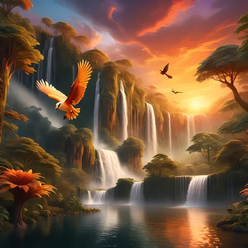 Prompt: (luxury ad style), (matte fantasy painting), vibrant animals in a lush forest, stunning sunset illuminating the sky with warm hues, a magnificent waterfall cascading in the background, a majestic bird soaring gracefully over the shimmering water, detailed textures, enchanting atmosphere, enchanting fantasy art, inspired by Anne Stokes, ultra-detailed, 4K quality, captivating and harmonious scene.