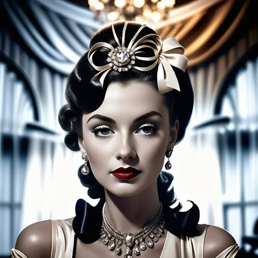 Prompt: (neoclassical style club), woman dressed in high fashion from the 1940s, elegant poses and expressions, intricate details of clothing and accessories, luxurious interior furnishings, rich color tones with warm lighting, ambient atmosphere evoking nostalgia and glamour, ultra-detailed, high-quality, capturing the sophistication of the era with soft focus on the elegant background.