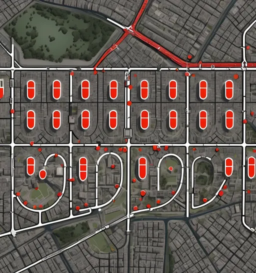 Prompt: Map of a city, intricate details reflecting urban layout, innovative urban design, two prominent red dots signaling key locations, minimalist presentation, influenced by Alfred East's precisionism style, distant perspective for a comprehensive view, sharp lines and vivid colors, urban environment showcasing streets and blocks, HD quality, captivating screenshot composition.