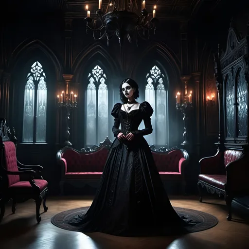 Prompt: Photorealistic, photo-film noir style, high contrast shadows, rich dark colors, a gothic-themed woman in an elaborate gothic-inspired dress, standing in a richly decorated gothic room, adorned with ornate gothic furniture, inspired by Anne Stokes' artwork, evocative atmosphere, moody lighting, haunting yet dramatic composition, character portrait, ultra-detailed and immersive scene, capturing the essence of gothic aesthetics.