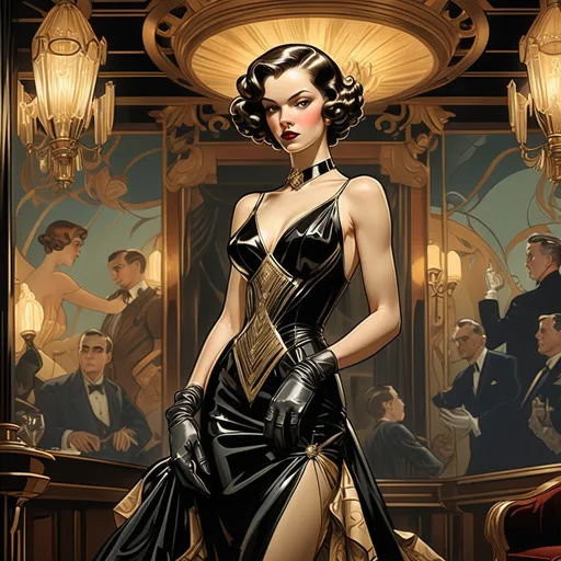 Prompt: (central content: woman in a black dress and gloves), (luxurious room), chandeliers and wall lamps, (art deco style), (freedom of expression), (elegant posture), dramatic lighting casting rich shadows, intricate details, and patterns (J.C. Leyendecker inspired), (comic book panel design), vibrant color contrast, (highly detailed), 8K ultra-resolution, cinematic ambiance.