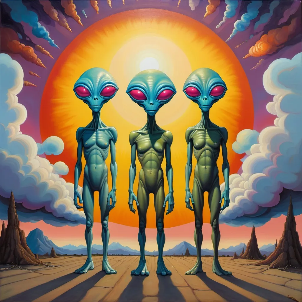 Prompt: a painting of three alien men standing in front of a colorful sky with clouds and a sun in the background, Aaron Jasinski, pop surrealism, biopunk, a fine art painting