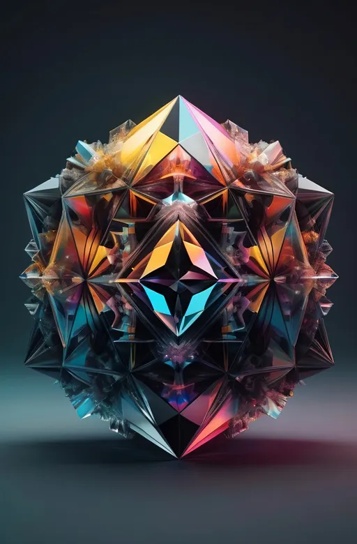 Prompt: Multicolored object, vividly kaleidoscopic hues creating a dazzling effect against two contrasting backgrounds: deep black and subtle gray, designed in the unique style of Beeple, crystal cubism influence with intricate geometry, enhanced by meticulous raytracing for sharp reflections and dreamy highlights, creating a harmonious, dynamic aesthetic. 4K ultra-detailed, showcasing the interplay of light and form beautifully.