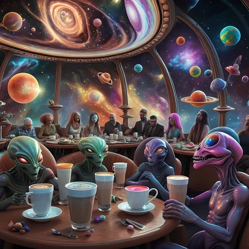 Prompt: (alien friends at a table), colorful celestial view with planets, (psychedelic art), surrealist composition, highly detailed digital painting, vibrant hues, whimsical shapes, intense colors blending, dreamy atmosphere, intriguing coffee cups, soft lighting enhancing the scene, imaginative design, (intricate textures), cosmic background, expansive universe feel, 4K quality, mesmerizing and otherworldly ambiance.