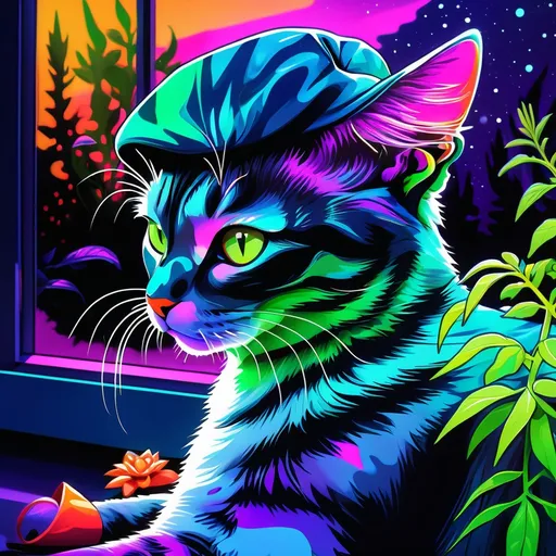 Prompt: (psychedelic art) Christmas cat, sitting on a vibrant windowsill, next to a lush green plant and a colorful flower, (synthwave) neon colors, glowing accents, (cyberpunk) futuristic ambiance, starry night backdrop, cozy and enchanting atmosphere, intricate details, capturing warmth and holiday charm, high definition, ultra-detailed, embracing the holiday spirit in a surreal style.