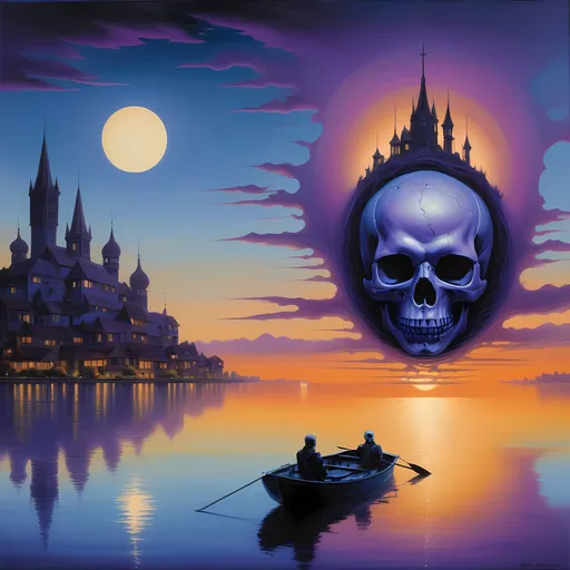 Prompt: (painting of a skull), floating in serene body of water, (distant city skyline) silhouetted against twilight, haunting atmosphere, (boating scene) with gentle ripples around, vibrant colors of deep blues and eerie purples, intricate (fantasy details), mystical lighting casting long shadows, (ultra-detailed) masterpiece, inspired by Christophe Vacher and Magic: The Gathering concept art.