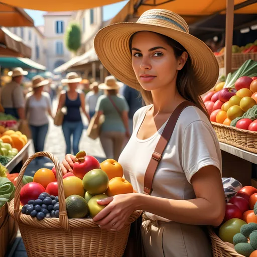 Prompt: Photorealistic image of a woman in a straw hat, shopping at a vibrant market, surrounded by colorful baskets of fresh fruit and vegetables, reminiscent of Andrea Orcagna's romanesque style, warm sunlight casting soft shadows, rich textures of produce, bustling atmosphere, capturing the essence of daily life, olive skin reflecting the ambient light, ultra-detailed, high-quality stock photo.