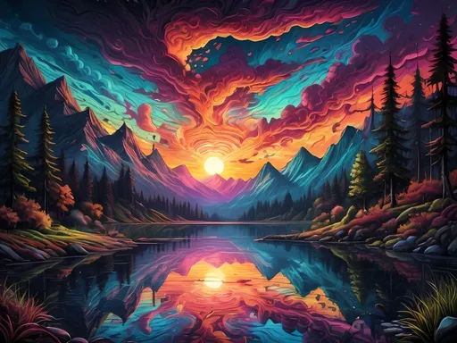 Prompt: (dramatic sunset), mountain landscape, reflective lake, (lush trees) in the foreground, (psychedelic art), by Dan Mumford, highly detailed, (vibrant colors), intricate patterns, airbrush technique, surreal vibe, rich textures, serene atmosphere, visually striking, dreamlike quality, ultra-detailed, captivating, immersive.