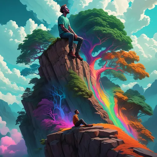 Prompt: A (vibrant) man sitting on top of a cliff, next to a majestic tree, overlooking a lush forest, under a (colorful) sky filled with dynamic clouds, (psychedelic art) style inspired by Android Jones and Liam Brazier, surreal and imaginative elements, (poster art) aesthetic, enchanting and captivating atmosphere, (highly detailed, 4K) resolution, enchanting colors and dreamlike reflections throughout the landscape.