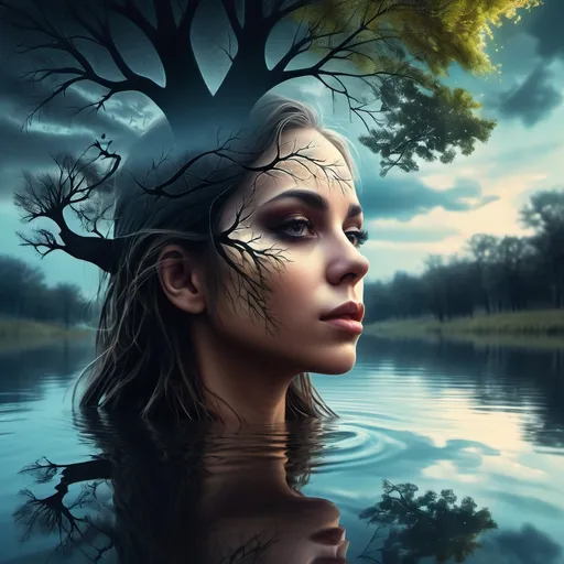 Prompt: (woman with a tree in her face), (reflection of a tree in water), atmospheric sky background, (highly detailed) digital painting, airbrush technique, (gothic art style), rich textures, enchanting mood, ethereal lighting, deep contrast between elements, vibrant hues blending subtly, intricate details throughout, immersive environment, inspiring artistry, elegant aesthetics, (4K quality).