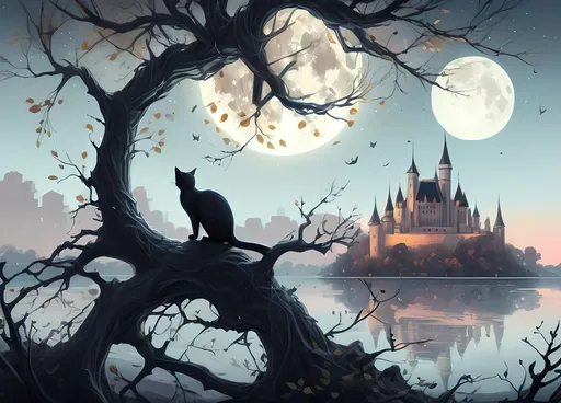 Prompt: a cat sitting on a tree branch with leaves in the background and a castle in the distance with a full moon in the sky, Cyril Rolando, fantasy art, highly detailed digital painting, a detailed painting