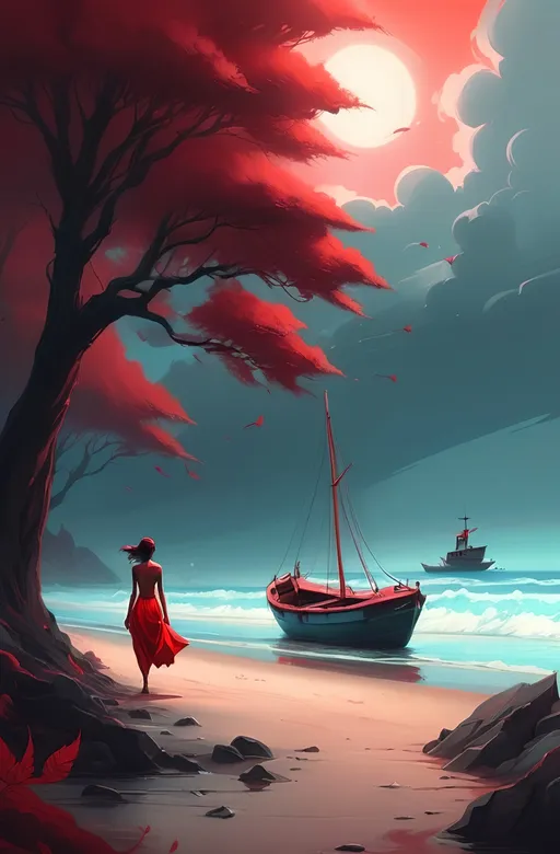 Prompt: a painting of a woman walking on a beach near a boat in the ocean with a red tree in the foreground, Cyril Rolando, fantasy art, fantasy artwork, a detailed matte painting