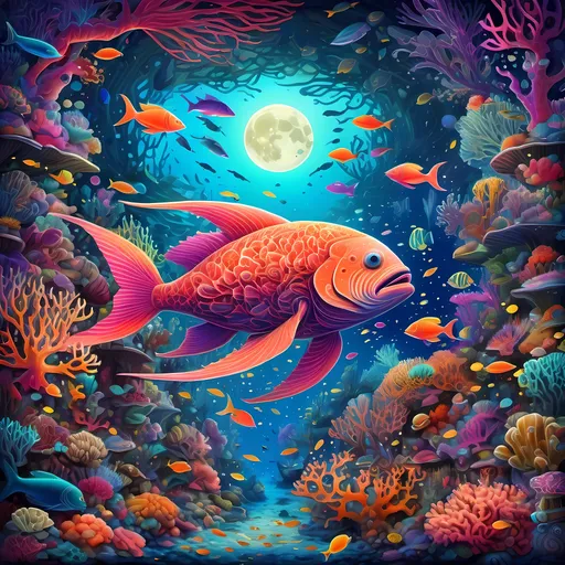 Prompt: Coral reef with a majestic sea creature, surrounded by vibrant fish and intricate corals, illuminated by the ethereal glow of a full moon, styled in the psychedelic art of Android Jones, ultra-detailed digital painting, vivid colors, magical atmosphere, intricate patterns, mesmerizing depth, high resolution, dreamlike quality, surreal beauty.