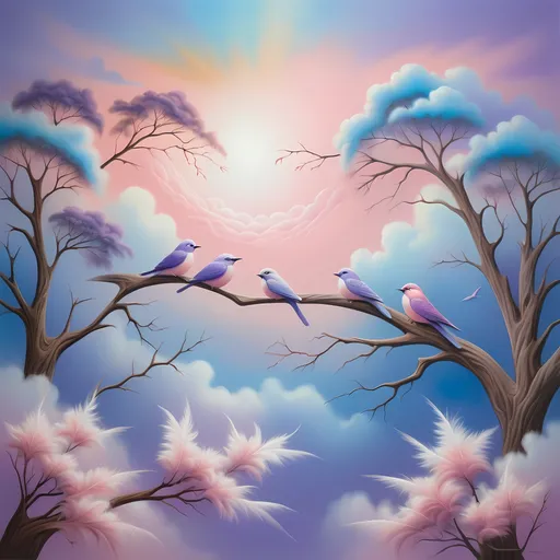 Prompt: (metaphysical painting) of birds perched on a tree branch, surrounded by ethereal clouds, (colorful sky) illuminated in shades of pastel pink, blue, and lavender, (dreamy atmosphere) radiating serenity and tranquility, soft airbrush technique for a smooth finish, intricate details in feather textures, (lush tree branches) gracefully intertwined, enchanting ambiance, (highly detailed) and (vibrant colors).