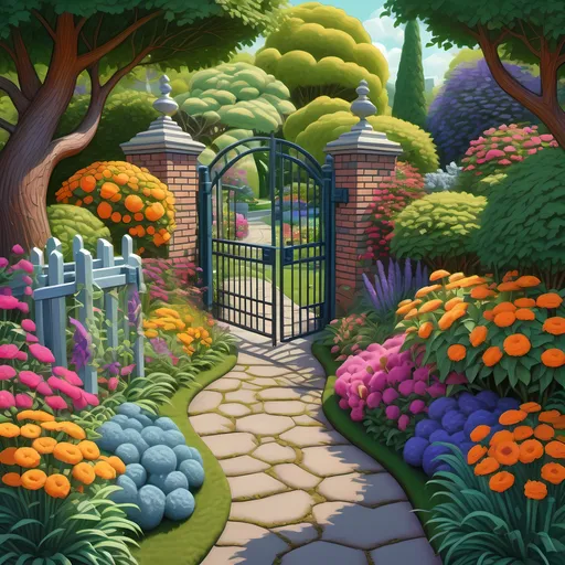 Prompt: Charming Garden Pathway, vibrant flowers, lush trees, inviting gate, circular flower bed, isometric view, intricate detailing, bold color palette, evocative brushstrokes, inspired by Charles Ginner, photorealistic painting, sunny day ambiance, tranquil atmosphere, garden art masterpiece, high-resolution, ultra-detailed, captivating textures, nature's beauty, serene escape. 