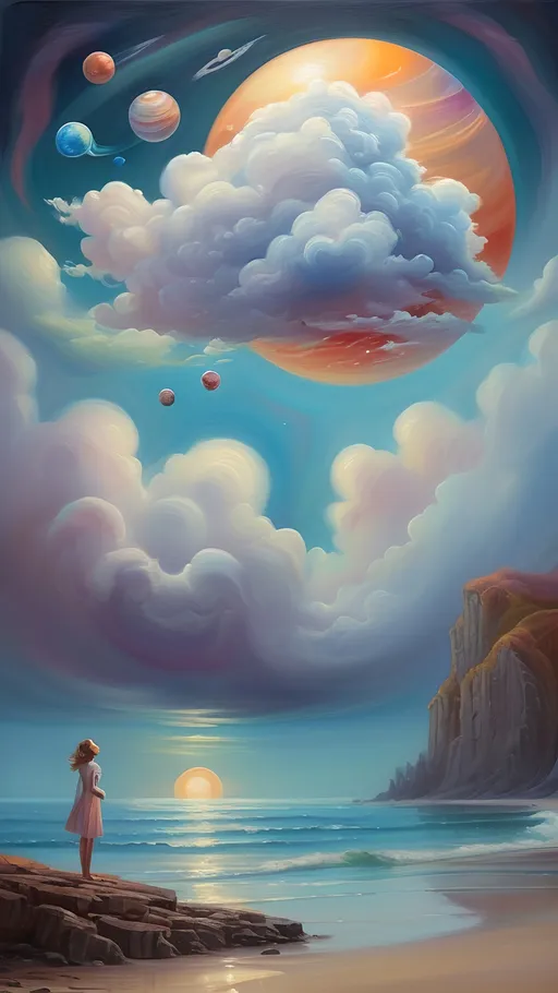 Prompt: (intricate oil painting), a woman with her head in the clouds, whimsical planets floating above her head, a distant man standing on a serene beach, fantasy art style, dreamy atmosphere, soft and vivid color palette, sweeping brush strokes, profound emotional vibe, high detail, visually mesmerizing, captivating composition, ethereal clouds, peaceful shoreline.