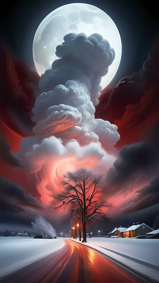 Prompt: Photorealistic image, a long cloud dramatically hovering over a snowy landscape at night, illuminated by a warm street light in the foreground, vibrant red sky contrasting against dark shades, a masterpiece of art photography blended with airbrush techniques, colorful clouds swirling, conveying a sense of tranquil solitude and chilling beauty, ultra-detailed, captivatingly moody ambiance.