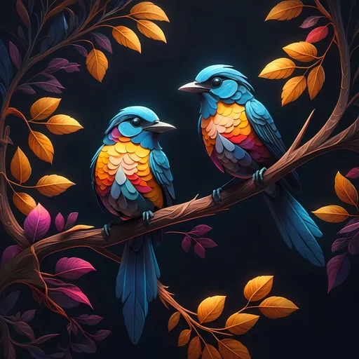 Prompt: (detailed painting), birds sitting on a tree branch, vibrant leaves, (dark background), Chris LaBrooy style, generative art influence, intricate textures, soft highlights on leaves and feathers, serene ambiance, enchanting mood, atmospheric composition, high-quality 4K, ultra-detailed, artistically captivating imagery, masterful blending of colors.