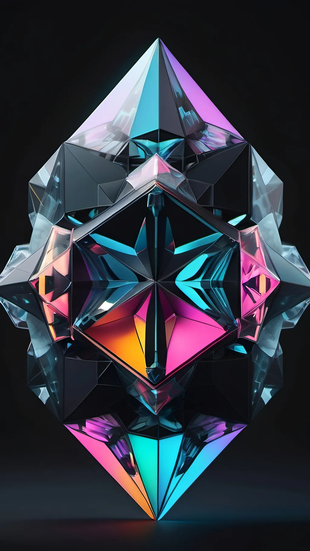 Prompt: Multicolored object, vividly kaleidoscopic hues creating a dazzling effect against two contrasting backgrounds: deep black and subtle gray, designed in the unique style of Beeple, crystal cubism influence with intricate geometry, enhanced by meticulous raytracing for sharp reflections and dreamy highlights, creating a harmonious, dynamic aesthetic. 4K ultra-detailed, showcasing the interplay of light and form beautifully.