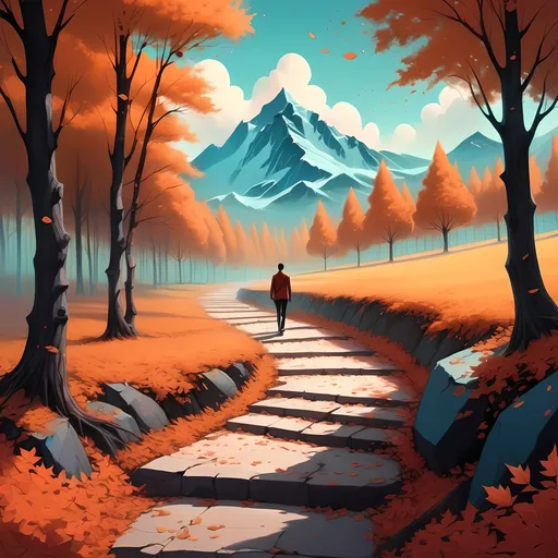 Prompt: a painting of a person walking down a path in the woods with a mountain in the background and trees with leaves, Cyril Rolando, american scene painting, rossdraws global illumination, a detailed painting