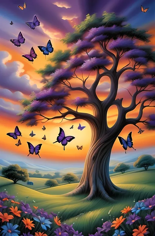 Prompt: Sunset with butterflies, an enchanting scene depicting vibrant butterflies soaring gracefully over a majestic tree, lush fields adorned with colorful flowers and soft green grass in the foreground. Inspired by Anne Stokes, this airbrush painting reflects magical realism, showcasing mystical colors like deep purples, fiery oranges, and soothing blues, creating a mesmerizing atmosphere. Ultra-detailed, high-quality masterpiece.