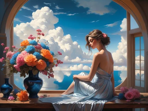 Prompt: (detailed painting) a woman sitting elegantly on a rustic table, vibrant flowers in a vase nearby, a lusciously reflective mirror behind her, expansive blue sky backdrop with fluffy clouds, influenced by (Bastien Lecouffe-Deharme), infused with (fantasy art concepts), art style akin to (Stanley Artgerm Lau), highly detailed, colorful, dreamlike atmosphere, 4K resolution, sweeping soft light.Alex Ross