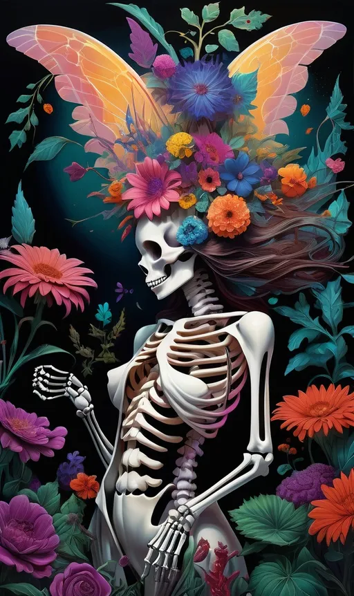 Prompt: (surrealism style), vibrant color scheme, (woman with a skeleton body), (ethereal wings), surrounded by lush flowers and leaves, holding a radiant flower, inspired by Damien Hirst, gothic art elements, intricate anatomical details, blended with a cyberpunk aesthetic, high contrast colors, ultra-detailed and dreamlike ambiance, captivating visual elements, enchanting atmosphere.