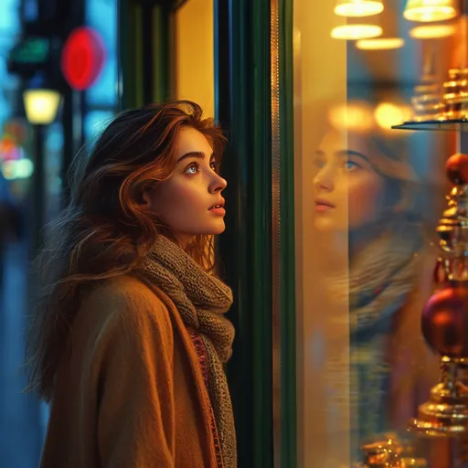 Prompt: (realism style), (vibrant colors), young woman, gazing longingly into shop window, reflections on glass, expression of desire and aspiration, colorful storefront displays, warm evening light creating a cozy atmosphere, urban setting, ultra-detailed, capturing the emotional depth and nuances of her longing amidst the lively ambiance around her.