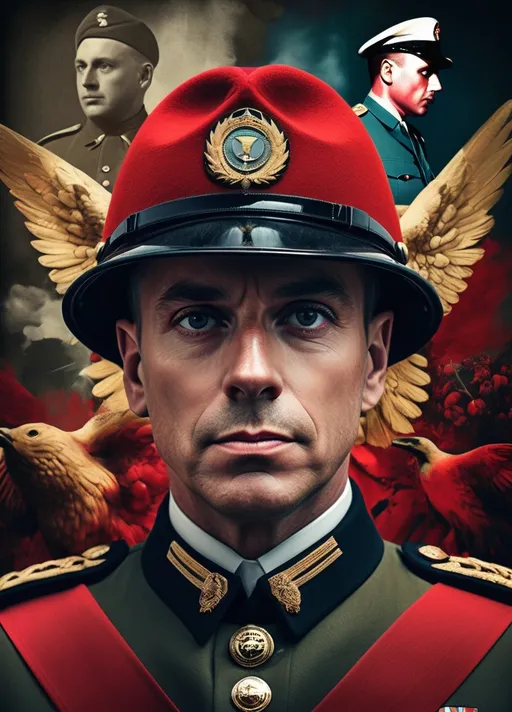 Prompt: (stunning digital collage of a man in a military uniform, contrasted with a vibrant portrait of David Budd in a striking red hat), (intricate VFX), colorized photo, high contrast details, modern art style, theatrical atmosphere, cinematic lighting, ultra-detailed composition, eye-catching textures, visually captivating blend of themes.