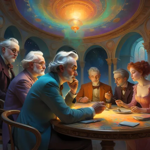 Prompt: (ultrafine detailed painting), a man sitting at a table, engaging with others in a lively discussion, (Daniel Merriam style), highly detailed figures, expressive postures, intricate surroundings, vivid colors, dynamic composition, atmospheric depth, digital masterpiece, thoughtful expressions, rich textures, warm lighting illuminating faces, high-quality 4K render.