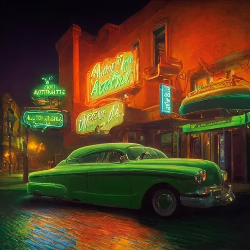 Prompt: a green car parked in front of a theater at night with a neon sign in the background that reads atlantic drive, Evgeny Lushpin, art deco, cinematic photography, an art deco painting