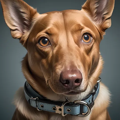 Prompt: a dog with a collar and a leash on it's neck looking up at the camera with a smile, Elke Vogelsang, photorealism, professional photo, a character portrait