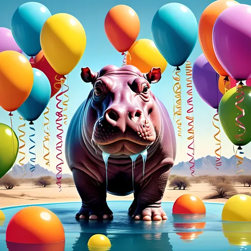 Prompt: (hippo standing in a pool of water), surrounded by vibrant (helium balloons and streamers), (Chris LaBrooy style), exploring themes of (pop surrealism), featuring (hyper-realistic details), rich color contrasts, playful atmosphere, dynamic composition, background with (dreamy, whimsical elements), (airbrush painting technique), intricate textures, euphoric vibe, (4K ultra-detailed imagery).