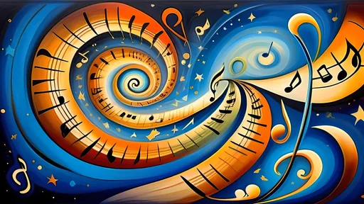 Prompt: (abstract style), spiral of musical notes, warm color scheme, (surrealist painting), blue swirl with stars at the center, celestial stars in the background, dynamic spirals, ethereal atmosphere, vibrant warm tones, high depth, ultra-detailed, concept art by a renowned artist, imaginative and whimsical theme.