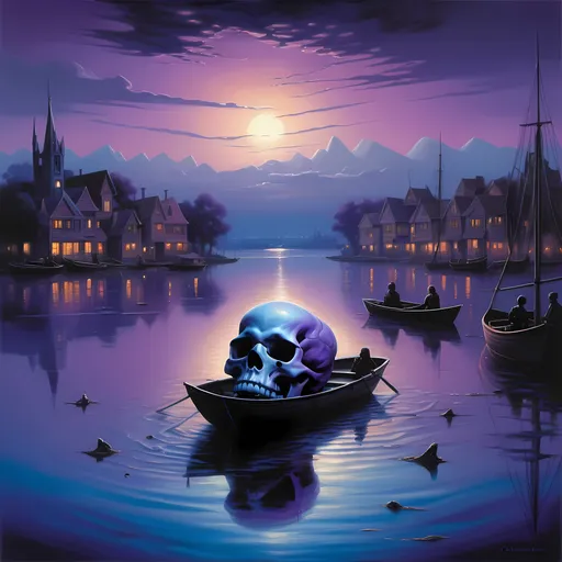 Prompt: (painting of a skull), floating in serene body of water, (distant city skyline) silhouetted against twilight, haunting atmosphere, (boating scene) with gentle ripples around, vibrant colors of deep blues and eerie purples, intricate (fantasy details), mystical lighting casting long shadows, (ultra-detailed) masterpiece, inspired by Christophe Vacher and Magic: The Gathering concept art.