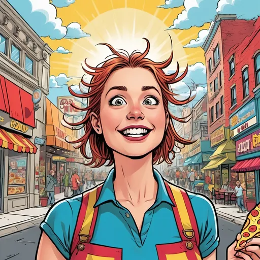 Prompt: Imagine a vibrant comic book panel bursting with color, where a whimsical character stands dramatically at the center, wide-eyed and with a cheeky grin, holding a classic oversized slice of pizza. The background is a bustling city street, illustrated in dynamic linework, with exaggerated features that add to the humor. Above the character, colorful speech bubbles float, filled with witty one-liners or puns related to food and laughter. The lighting is bright and playful, with a sunny sky punctuated by fluffy clouds, enhancing the cheerful mood. This scene exudes a lighthearted, comic book style with a bold color palette, ensuring the joke truly comes to life in a delightful and engaging way.