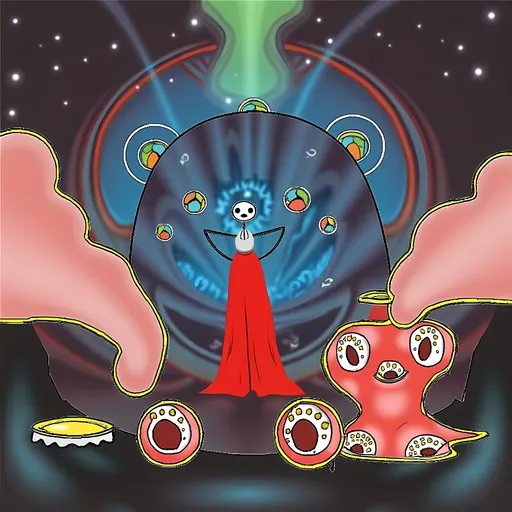 Prompt: A whimsical landscape unfolds, dominated by vibrant red and white mushrooms that rise around a figure clad in a flowing crimson robe, whose simplistic mask-like face adds an air of mystery. This character stands at the center of a swirling, psychedelic portal filled with colorful orbs and ethereal patterns that create a dreamlike atmosphere. The background of deep blues and vivid reds transitions seamlessly, suggesting a cosmic or fantasy realm, infused with a playful yet surreal energy. The overall composition draws the eye inward, emphasizing the enchanting circular form of the portal that invites exploration and ignites the imagination. The art combines bold colors and fluid shapes, capturing a mood that balances between whimsy and intrigue.