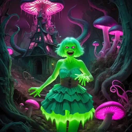 Prompt: In a vivid, surreal landscape pulsating with electric colors, a grotesque figure exudes an eerie charm, showcasing bright green skin and an exaggerated, toothy grin. Surrounding this character are bizarre, luminescent flora and oversized mushrooms, their vibrant hues of pink, purple, and green contribute to the dreamlike atmosphere. The backdrop features abstract urban structures disappearing into the darkness, illuminated by an array of glowing trails and fantastical details like tentacles and swirling smoke that suggest a sinister yet whimsical environment. The use of stark contrasts and neon colors creates an unsettling mood, inviting viewers into a chaotic yet mesmerizing realm that blurs the line between fantasy and nightmare. Overall, the artwork evokes a sense of intrigue and a hint of foreboding, enticing one to explore deeper into its uncanny wonders.