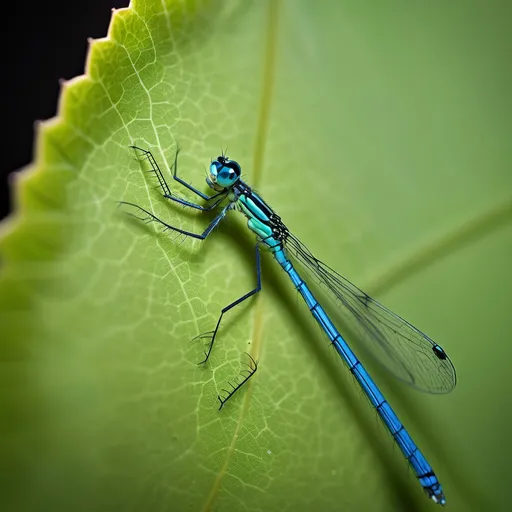 Prompt: A damselfly gazes through a hole in a vibrant green leaf, offering a rare glimpse into its delicate world 

The contrast between the insect's slender form and the leaf's textured surface underscores the intricate beauty of nature's hidden wonders.
