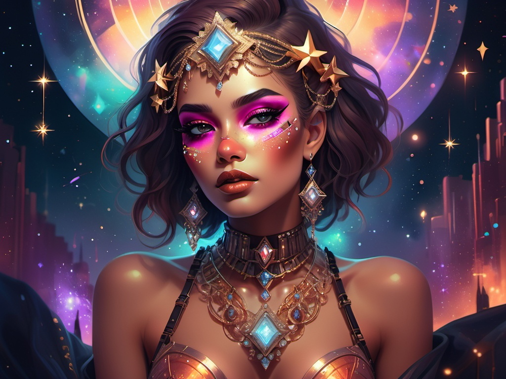 Prompt: A digital painting depicting a woman embellished with vivid makeup and elaborate jewelry on her face and chest, set against a mesmerizing backdrop of twinkling stars. The artwork features a warm color palette, rendered in the Artgerm style, and incorporates elements of fantasy art. It is highly detailed, with an atmospheric and captivating ambiance, enhanced by cyberpunk elements, dynamic shapes, and patterns. The composition is both elegant and modern, designed in 4K resolution to create an ultra-detailed masterpiece..