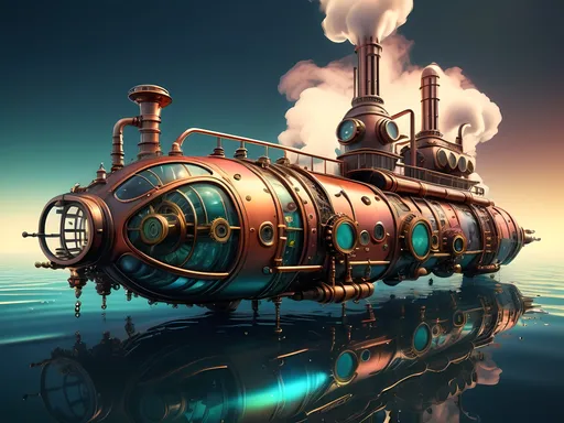 Prompt: Steampunk submarine, very large and shiny, adorned with numerous pipes, emitting swirling steam, vibrant colors in a fusion of retrofuturism, intricate detailing on the surface, rich textures reflecting light, digital rendering, highly imaginative and fantastical setting, bands of warm and cool tones creating depth, high-quality, ultra-detailed, reminiscent of Beeple's iconic style, engaging and dynamic composition, sense of adventure and exploration.