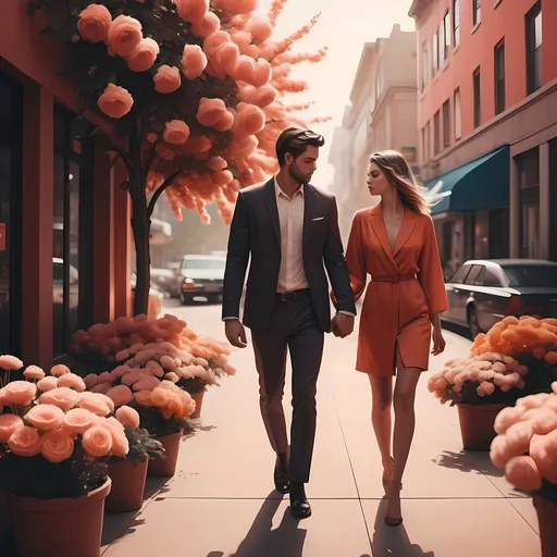 Prompt: (photorealistic) cinematic photography, warm color scheme, (man and woman) walking hand in hand, vibrant flowers in the background, intimate connection, (Alena Aenami) style influence, neo-romanticism aesthetics, fashion editorial vibe, soft lighting, capturing moments of love, urban street setting, ultra-detailed, modern romance, harmonious composition.