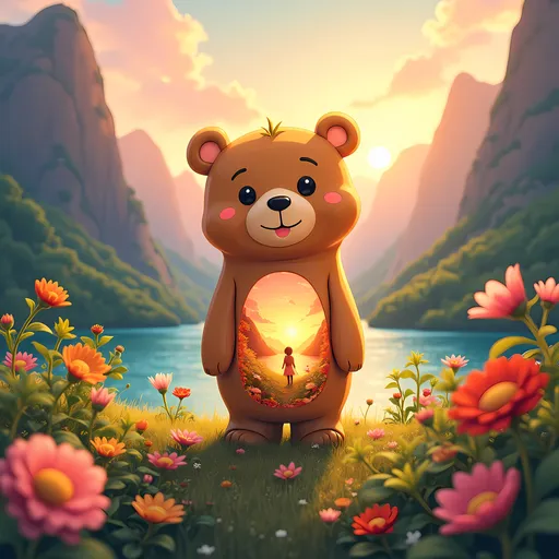 Prompt: Amidst a vibrant landscape where lush mountains and a serene river intertwine, a whimsical bear character captivates the viewer with its large, expressive eyes and gentle smile. The bear’s body appears translucent, revealing a picturesque sunset scene and a solitary figure, accentuating a dreamlike quality that evokes a sense of tranquility. Surrounding this central character, colorful flowers bloom in abundance, harmonizing with the rich hues of the sky and foliage. The artistic style melds cartoon elements with a fantasy landscape, utilizing warm, glowing colors that imbue the scene with optimism and serenity. This captivating composition invites contemplation, blending innocence with the beauty of nature in a magical setting.